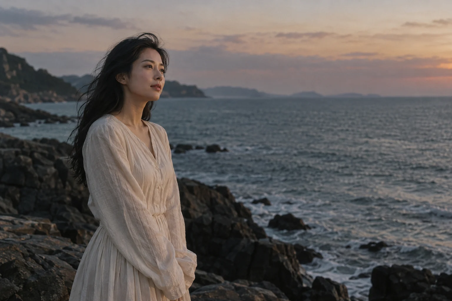 AI 概念样片:海边暮色中身穿浅色长裙的成年中国女性