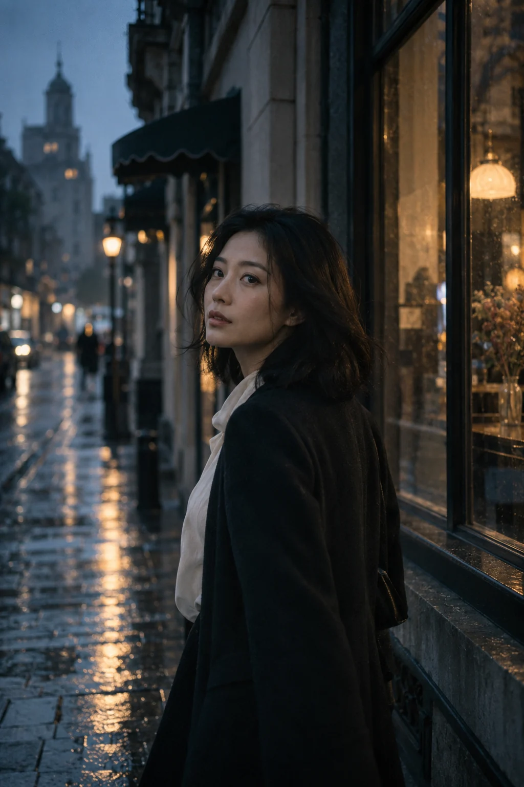 AI 概念样片:成年中国女性在雨后的街道回望